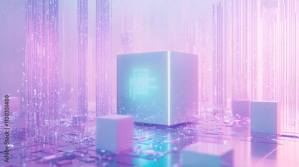 Poster a futuristic digital landscape featuring a glowing cube amidst shimmering vertical lines.