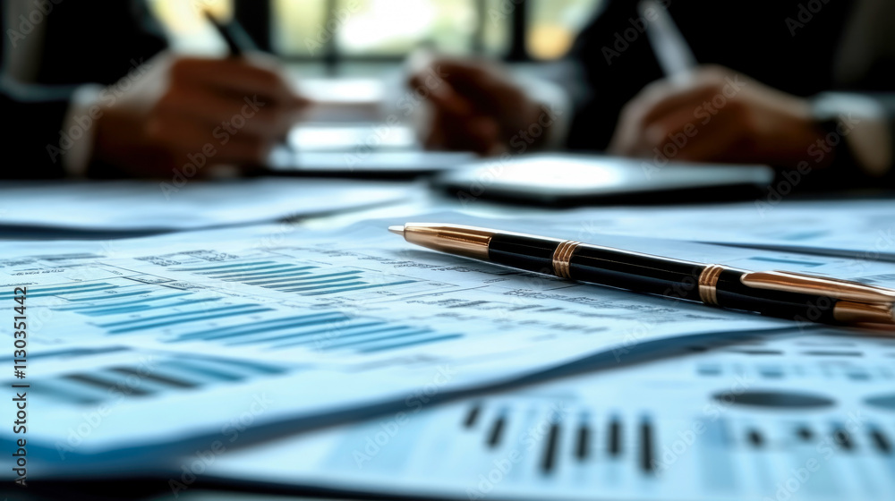 Poster two business professionals analyze reports and graphs while discussing strategies in a modern office