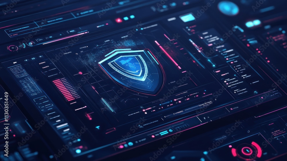 Aufkleber A futuristic digital interface featuring a shield symbol, representing cybersecurity and protection.