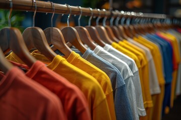 Fototapeta premium Brightly colored t shirts in a rainbow of hues neatly arranged on wooden hangers. This organized display emphasizes variety and a cheerful, vibrant wardrobe style.