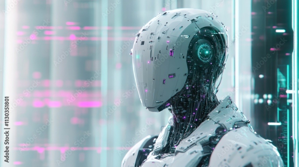Aufkleber a futuristic humanoid robot with a sleek design, surrounded by digital elements.