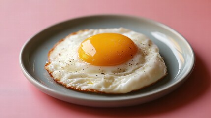 Poached egg on a plate on a pastel salmon background
