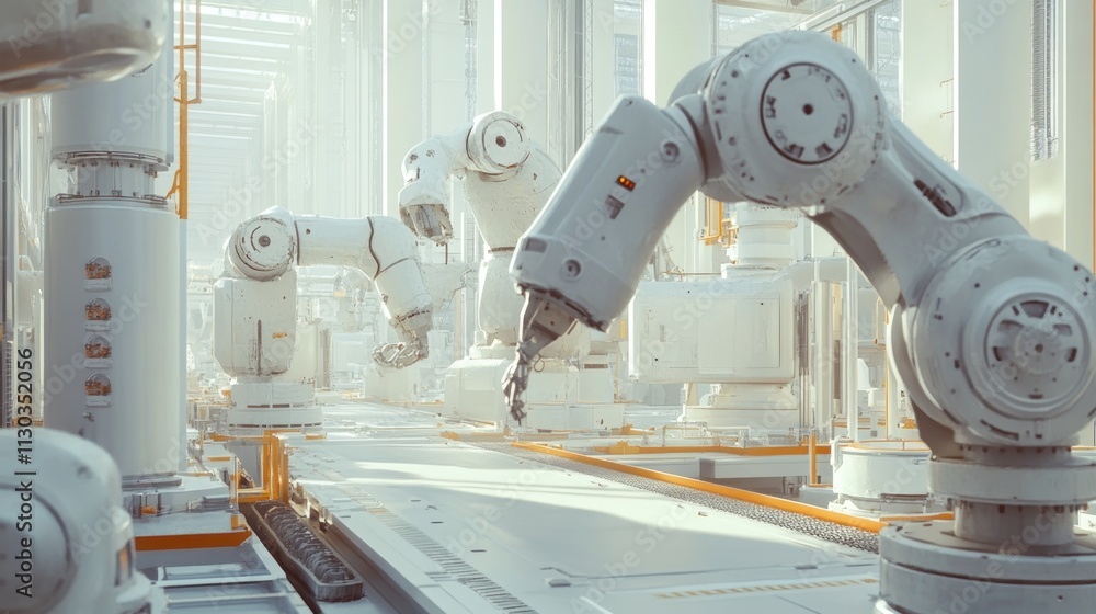 Aufkleber a futuristic industrial setting with robotic arms engaged in automation tasks.