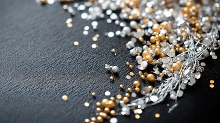 Fototapeta premium Sparkling Decorative Beads and Confetti on Dark Background Surface