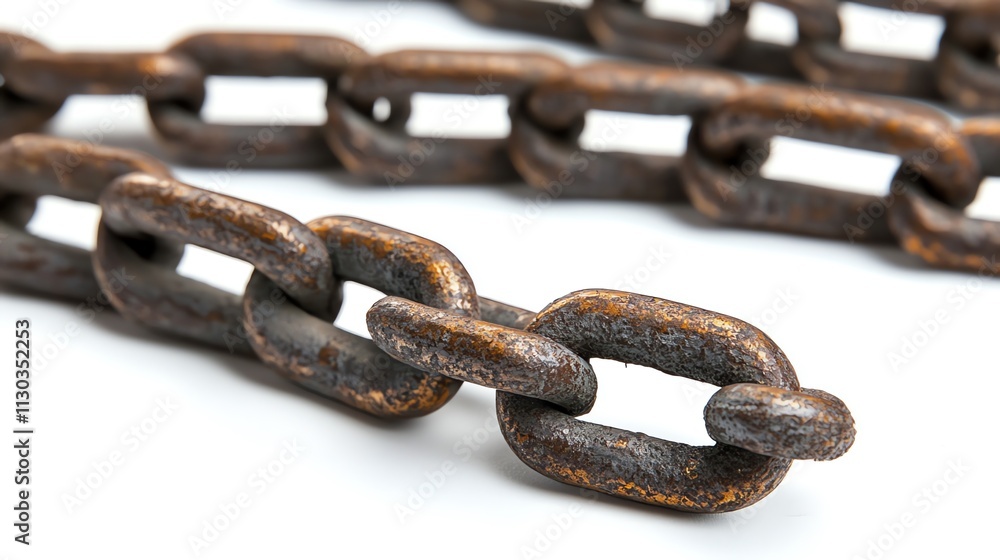 Poster close-up of a rusty chain on a white background.