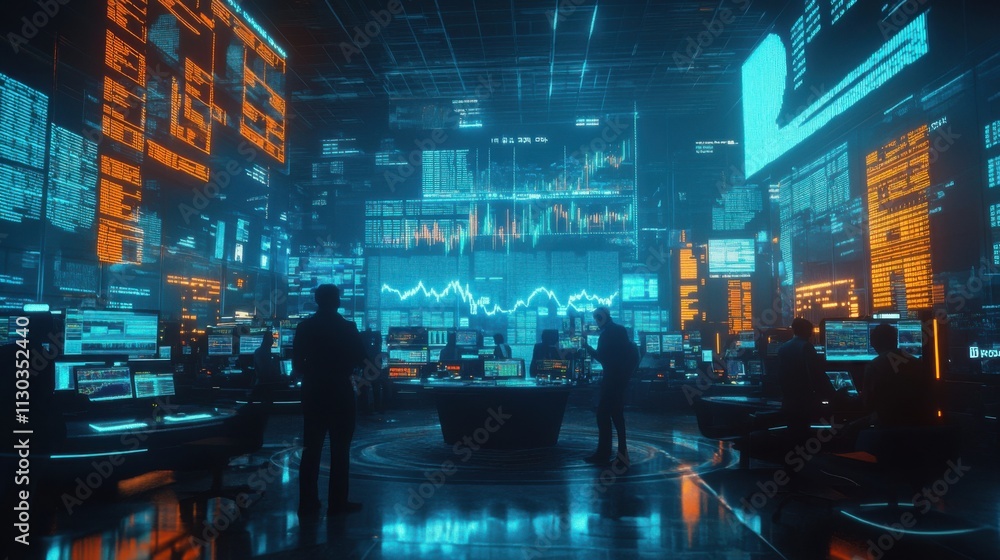 Aufkleber futuristic tech control room data center analysts monitoring global network cyberspace
