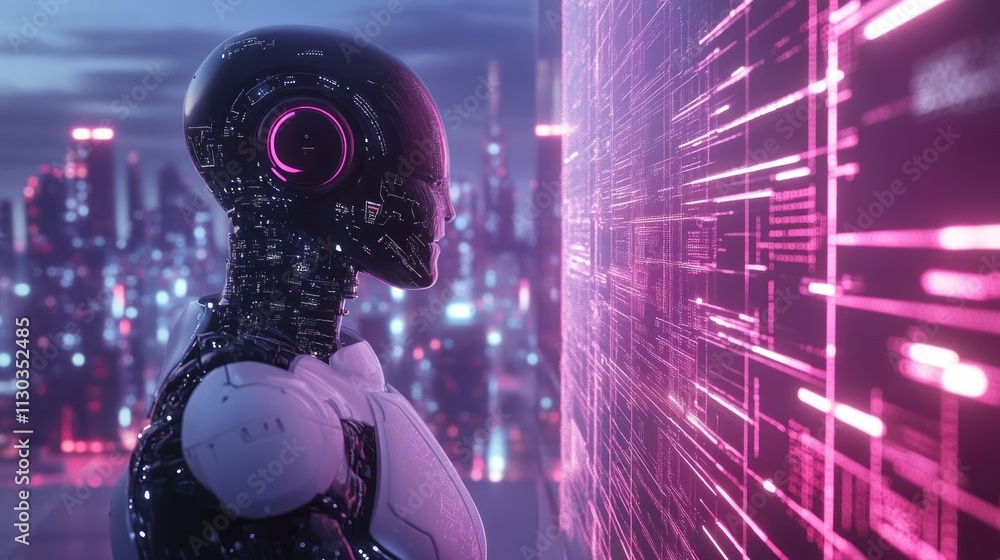 Poster a futuristic robot interacts with a digital interface in a neon-lit cityscape.