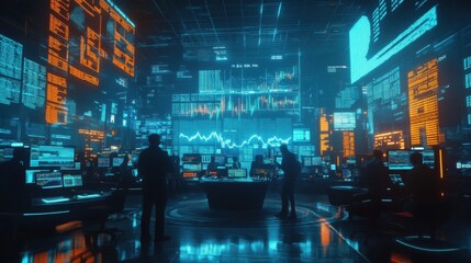 Futuristic Tech Control Room Data Center Analysts Monitoring Global Network Cyberspace