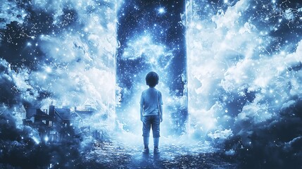 Obraz premium Young boy standing in awe of the mesmerizing cosmic landscape