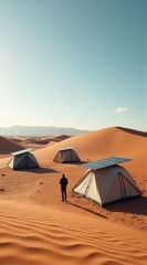 Desert campsite with tents and solar panels under a clear blue sky, offering a sustainable outdoor living experience amid rolling sand dunes and distant mountains