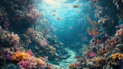 Naklejka premium Coral reef teeming with colorful fish, intricate coral formations, and underwater wildlife, serene ocean scene