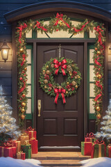 Fototapeta premium A beautifully decorated front door with a vibrant Christmas wreath, garlands, and small trees. Wrapped presents, twinkling lights, and warm festive tones evoke the joy and spirit of Christmas at night