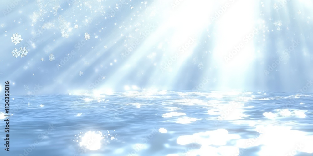 Poster soft blue background with rays of sunlight reflecting on water surface, creating a dreamy and serene