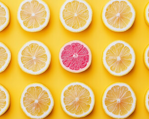 Symmetrical Yellow Lemon Slices with a Unique Pink Grapefruit Accent- Vibrant and Luminous Citrus Composition for Perfect Backgrounds, Wallpapers, and Prints in High-Resolution Detail