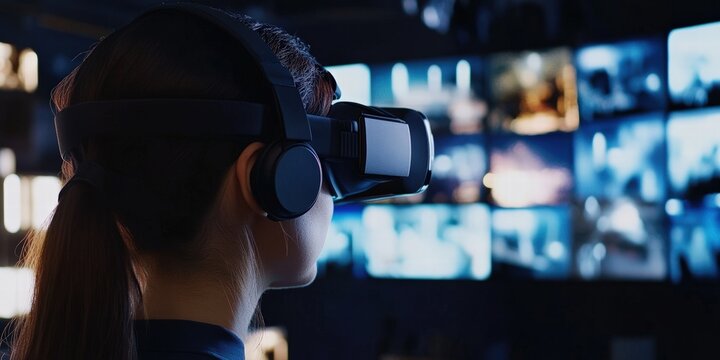 Woman Immersed in a Captivating Virtual Reality Experience, Witnessing Stunning Visuals on a Multi-Screen Display, Exploring the Wonders of Immersive Technology.