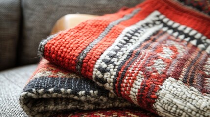 Fototapeta premium Cozy Rustic Blanket with Vibrant Patterns on a Soft Couch