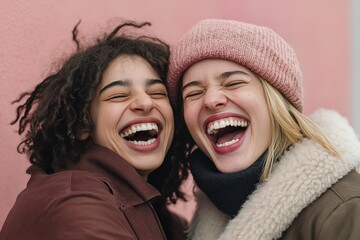 Two friends laughing together in a joyful moment