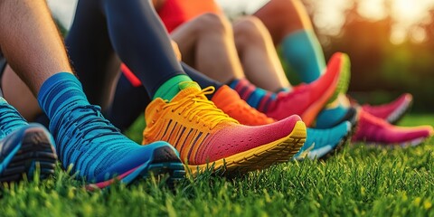Colorful running shoes on grass, group workout concept