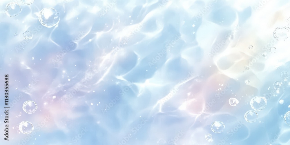 Poster light blue background with small white bubbles creating a dreamy atmosphere for various creative pro