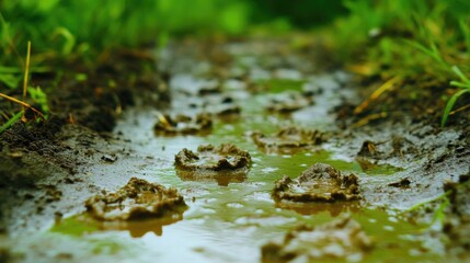 Fototapeta premium Muddy Path with Water Puddles and Animal Tracks in Nature
