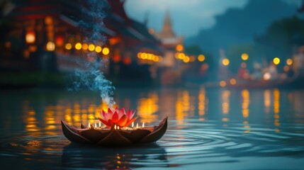 Obraz premium Tranquil Evening with Lotus Candle Float on Calm Water Surface