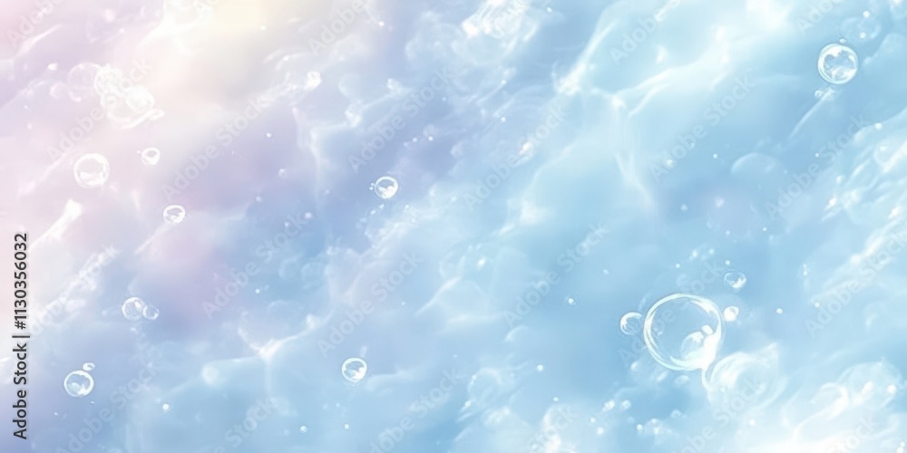 Poster light blue background with small white bubbles floating gently, creating a serene and dreamy atmosph
