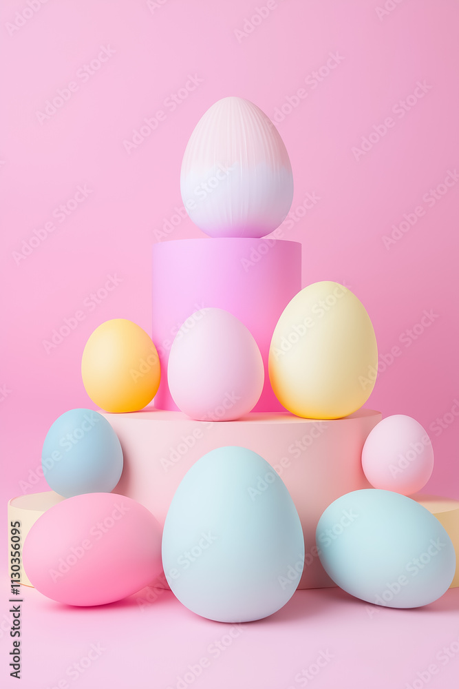 Poster pastel eggs in soft hues rest on geometric shapes, creating a playful spring composition