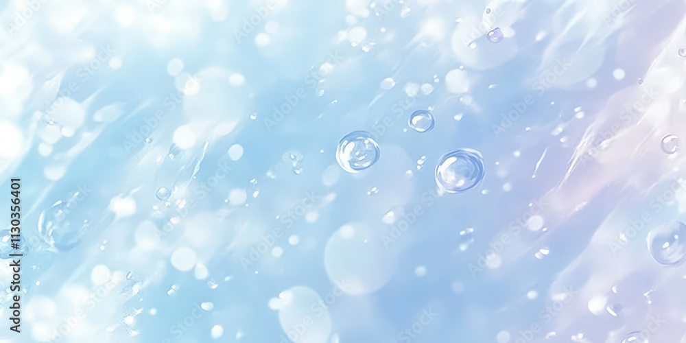 Poster light blue background with small white bubbles floating in soft focus, gentle and dreamy atmosphere 