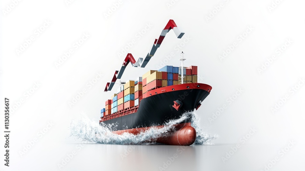 Poster large cargo ship with colorful containers navigating through water with graphs indicating growth and