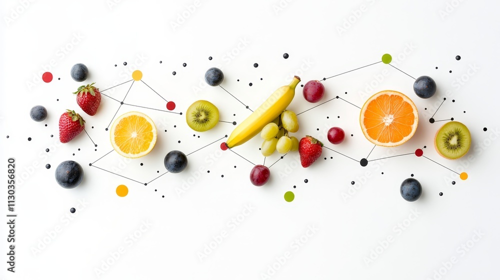 Poster vibrant arrangement of fresh fruits with colorful dots and lines on a white background creating a mo