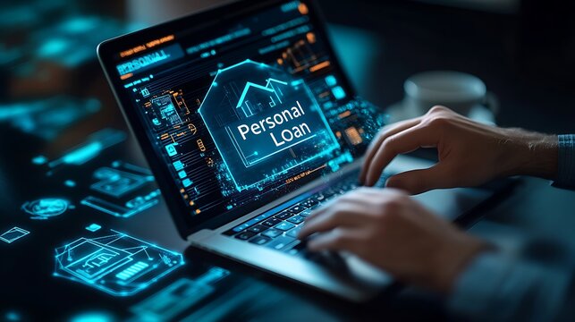 Businessman using a laptop and holding a blue icon