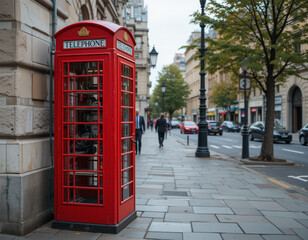 Fototapeta premium Iconic Red Telephone Booth on a City Street with Urban Background, The Orban Photography Concept.