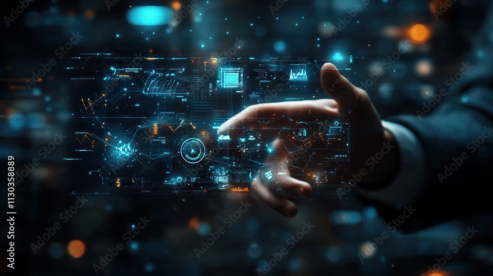 Poster a hand interacts with a digital interface displaying futuristic data and technology elements.