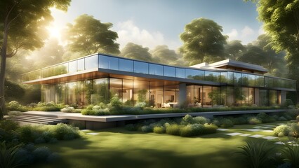 Fototapeta premium A modern glass house surrounded by lush greenery and soft sunlight.