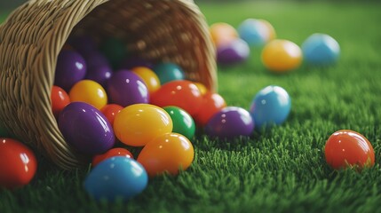 Colorful Easter Eggs Spilling from a Woven Basket on Grass