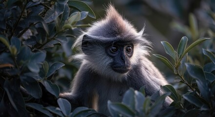 Obraz premium Langur monkey in lush green foliage at dusk, wild nature observation