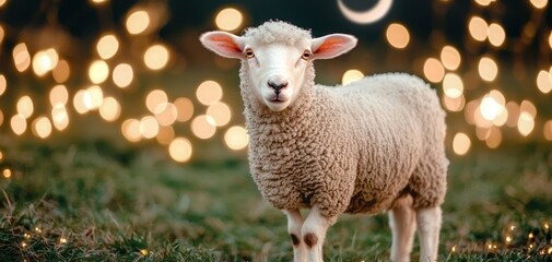 Naklejka premium Ramadan Eid al-Fitr concept. A sheep stands in a field illuminated by twinkling lights, creating a serene and magical atmosphere.