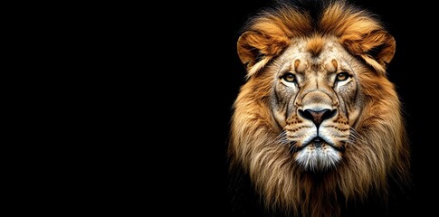 Fototapeta premium Close-up portrait of a majestic lion with a dark background, showcasing its powerful gaze and golden mane.