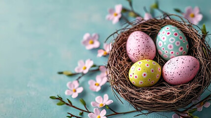 Fototapeta premium Colorful Easter eggs in nest surrounded by spring blossoms, cheerful setting