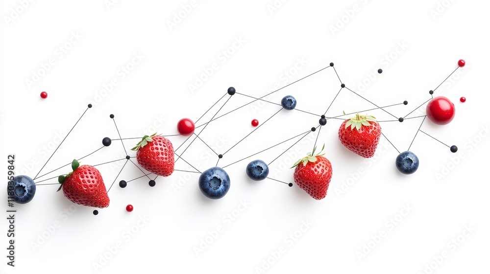 Poster fresh strawberries and blueberries connected by minimalistic geometric lines on a white background c