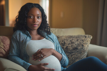 Expecting mother relaxing on a cozy couch while cradling her baby bump. Generative AI