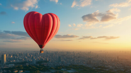Obraz premium Romantic heart-shaped hot air balloon over a cityscape at sunset