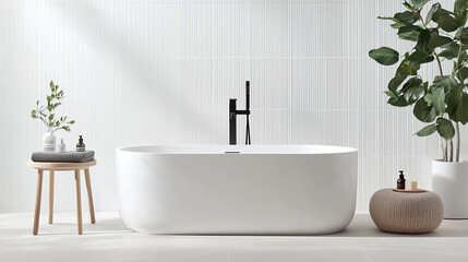 Fototapeta premium Modern bathroom with freestanding tub, plants, and stylish decor