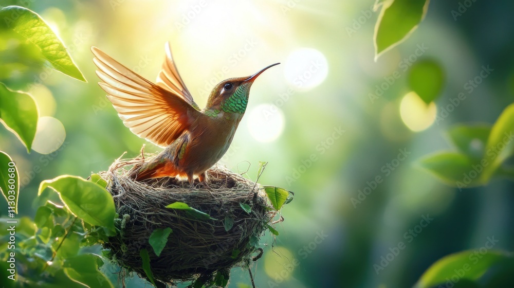 Poster a hummingbird perched in a nest surrounded by lush greenery and soft sunlight.