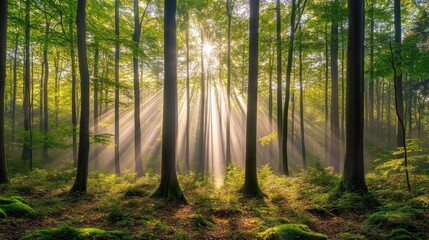 Obraz premium Sunlight Filtering Through Tall Trees in a Dense Green Forest