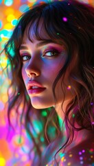 Fototapeta premium Closeup Portrait Beautiful Woman with Makeup in Colorful Lights