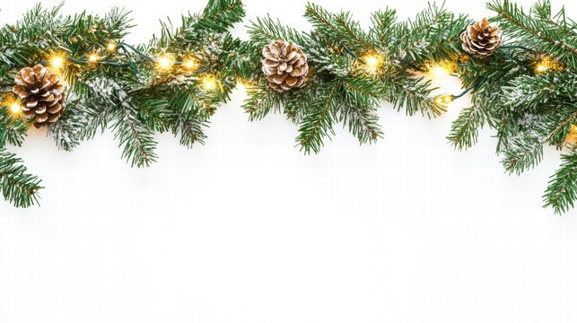 Seamless Christmas garland with coniferous branches and ornaments lights on isolated a white background