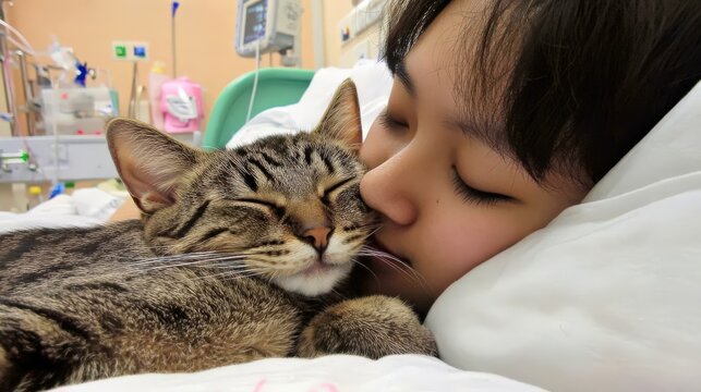 A cat curled up on the lap of a patient in a hospital bed, offering warmth and companionship