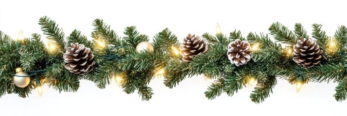 Seamless Christmas garland with coniferous branches and ornaments lights on isolated a white background
