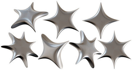 Set of 3D chrome stars with sharp, futuristic design, on transparent background. Modern metallic elements, cut out. Y2k style, 2000s. Sleek and edgy vibe. Monochrome, gray surface. 3D render.